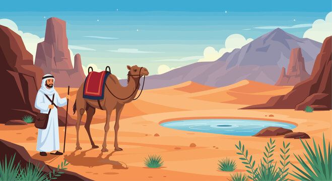 Man in traditional white robes stands with his harnessed camel near a small desert oasis surrounded by red rock formations and distant mountains.