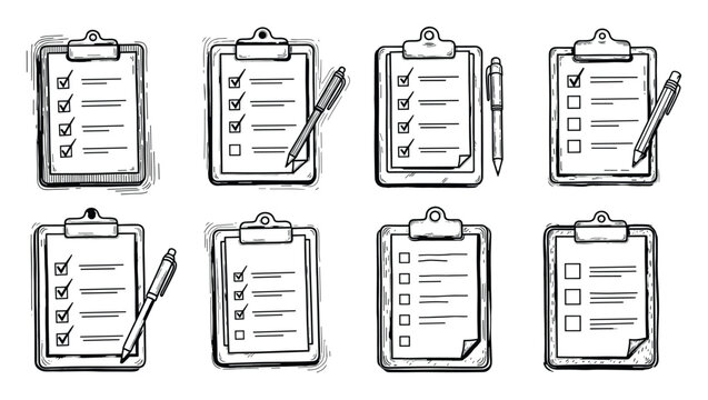 Hand drawn clipboard checklists with pens for task management, planning, and project progress.
