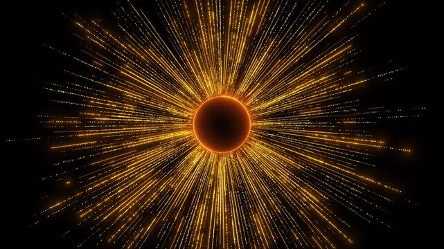 Golden radial burst bright light rays, particle trails, center circle, cosmic energy glow. logo reveals, award intros, luxury titles, sci fi portals, celebration openers, dramatic motion graphics.