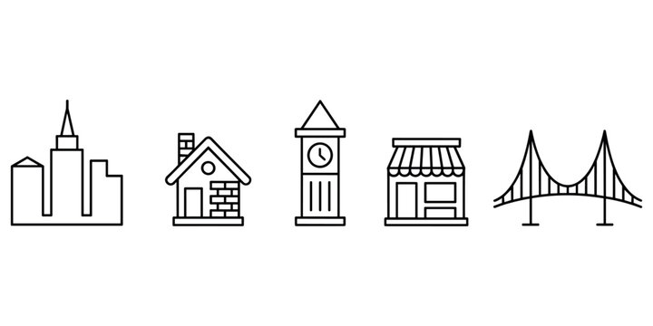 Black and white line of city buildings and structures line black and white architecture urban in white background