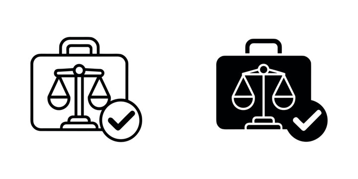 Black and white of briefcases with scales and checkmarks line law in white background