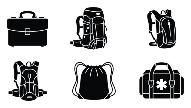 Black icons of bags for travel, sport, and business needs for web and app design