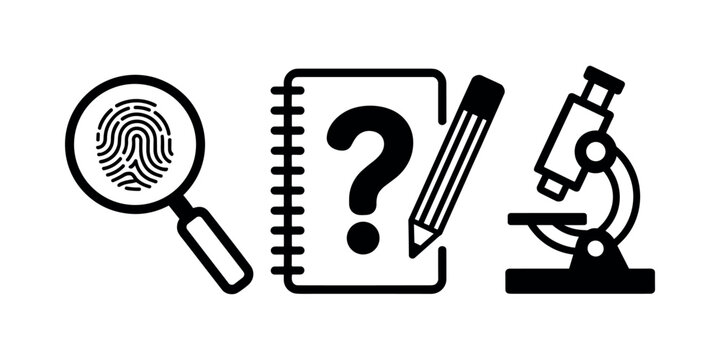 Black and white of magnifying glass fingerprint notebook with question mark pencil and microscope in white background