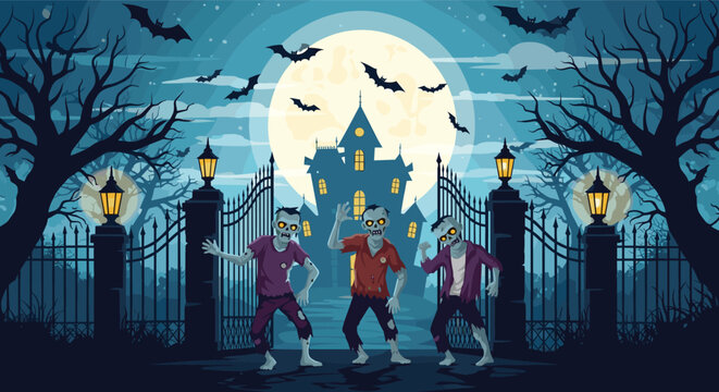 Spooky scene with three zombies dancing or walking in front of a haunted mansion gates under a full moon with bats flying in the night sky.
