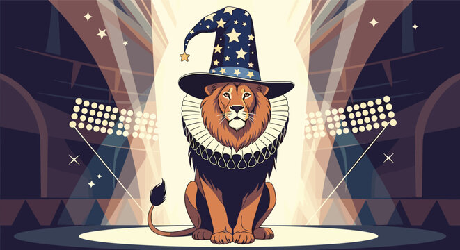 Majestic lion sitting on a stage under spotlights wearing a blue wizard hat with stars and a ruffled white collar for a circus performance.