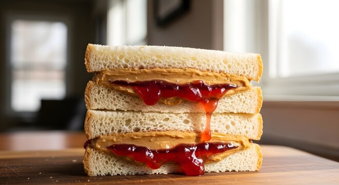Stack of peanut butter and jelly sandwiches dripping with jam on a wooden cutting board.