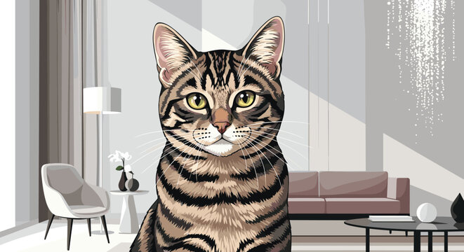 Tabby cat with green eyes and brown stripes sitting prominently in a stylish modern living room with a sofa and lamp in the background.