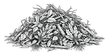 Naklejka premium Monochrome hand drawn pile of organic waste, branches, leaves and roots.