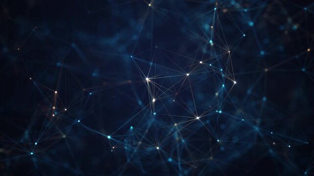 Abstract digital network background with glowing blue and orange connection lines and dots. Concept for 5G technology, big data, cloud computing, global communication, and cyber security systems.