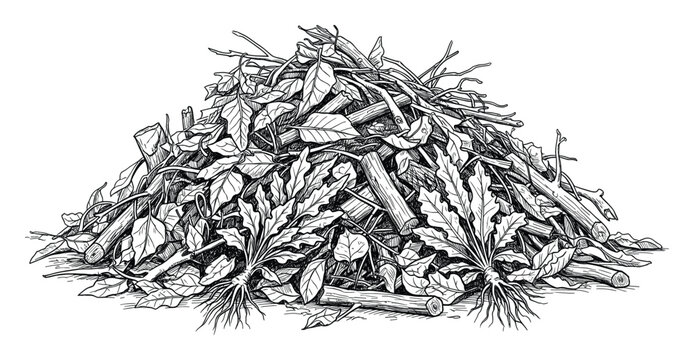 Monochrome hand drawn pile of organic waste, branches, leaves and roots.