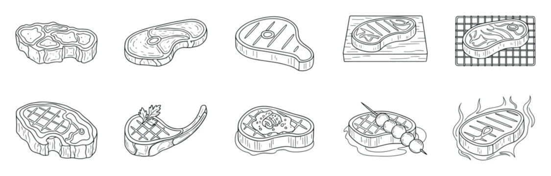 Outline steak and meat cuts for grilling and cooking icons for culinary projects menus
