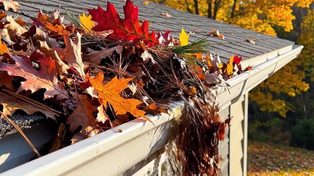 Clogged house gutter filled with colorful autumn leaves and debris with water flowing
