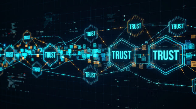 Blockchain trust network nodes, glowing hexagonal icons with trust text, connected by digital lines, financial data environment, business concept
