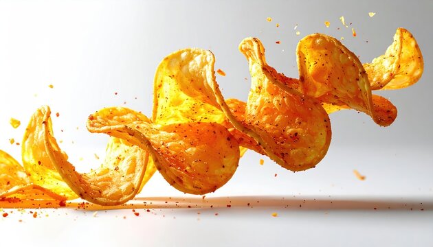 Crispy, seasoned potato spirals suspended in mid-air with scattered crumbs