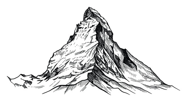 Monochrome hand drawn mountain peak with rugged slopes portraying outdoor adventure for digital use.