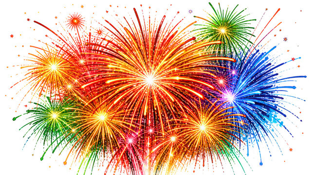 Burst of colorful bright festive fireworks exploding as clean cutout isolated on transparent background