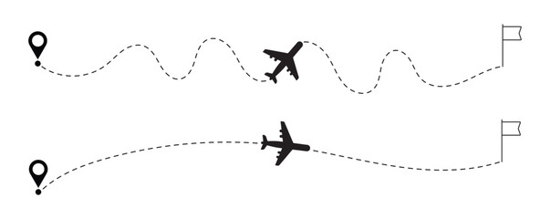 Fototapeta premium The flight path of the aircraft from the point of location along the dotted line. start point line trace and plane routes. Vector illustration 