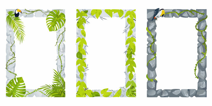 tropical frames with stone and foliage vector illustration