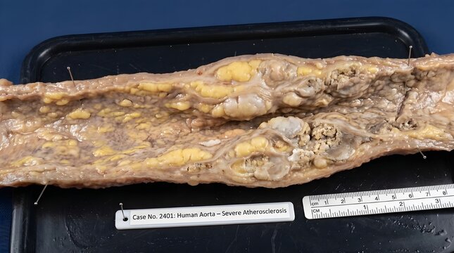The internal lining (intima) is heavily distorted by numerous raised, yellowish atheromatous plaques composed of cholesterol and lipids