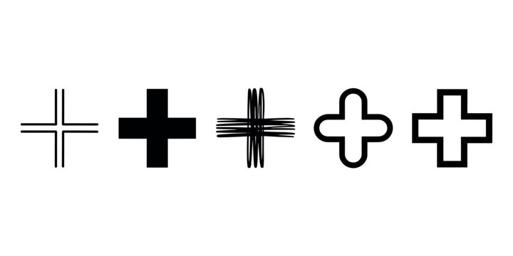 Black plus signs in different styles on white background cross symbol