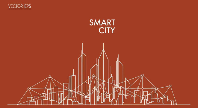 Smart City Skyline Outline with Network Connections, Futuristic Urban Concept