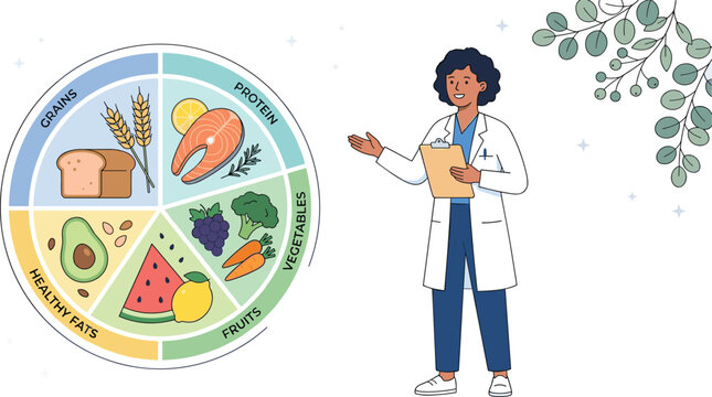 Female Nutritionist Presenting Healthy Diet Plate Diagram with Grains Protein Fruits Vegetables and Fats for Wellness Nutrition Education and Medical Designs