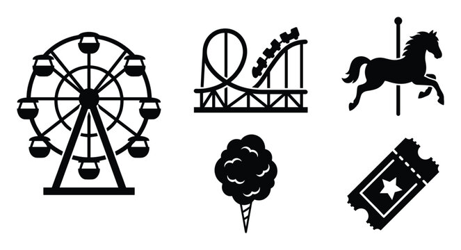 Amusement park carnival entertainment icons set featuring ferris wheel roller coaster and carousel horse for leisure activity graphics