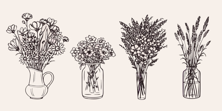hand drawn floral arrangements in vases sketch style