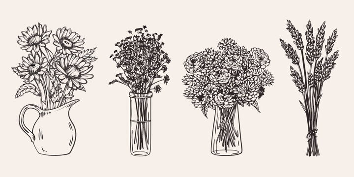 Hand drawn floral arrangements in vases and wheat sheaves sketch style
