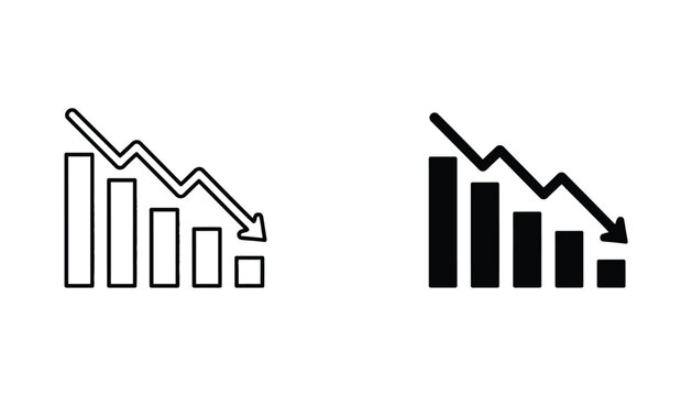 Bar chart with downward trend arrow icon set representing financial decline or negative growth for business analytics reports