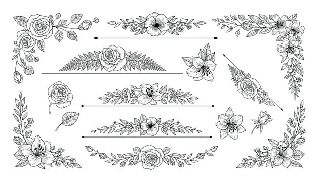 Hand drawn floral line art borders, corners, and individual flowers perfect for wedding invitations