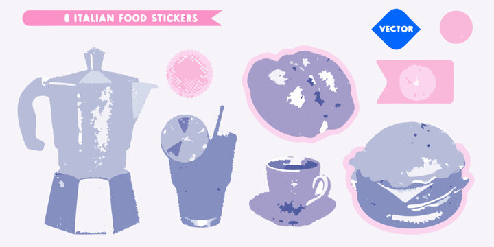 italian food stickers vector illustration of coffee pizza and drink