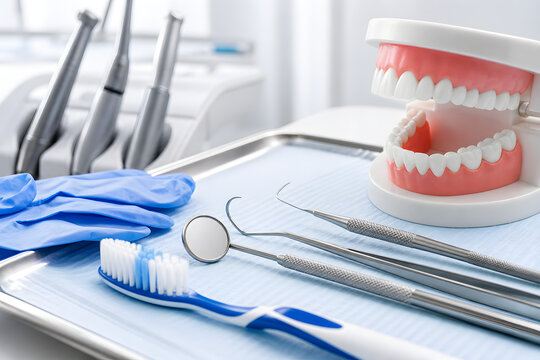 Dental Care Equipment and Teeth Model on Clean Clinic Tray
