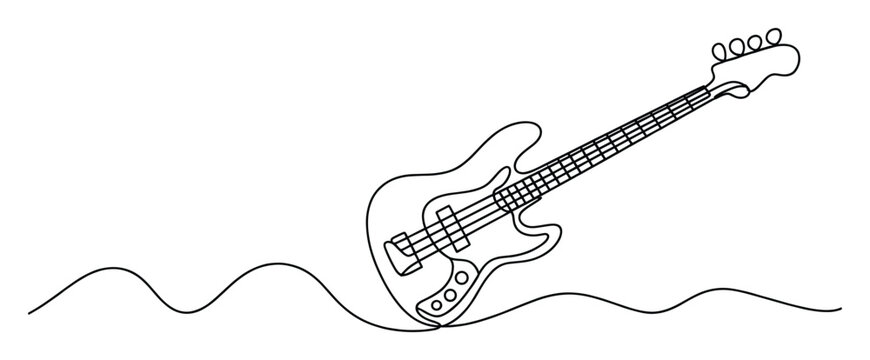 Continuous line drawing of an electric bass guitar for music themed graphic designs and event promotions
