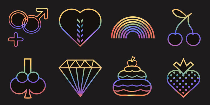 queer pride symbols collection vibrant gradient line icons on black
