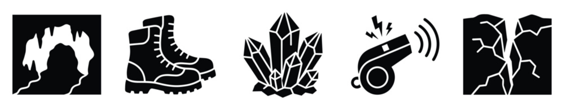 Adventure and exploration icons cave, boots, crystals, whistle, cracked ground