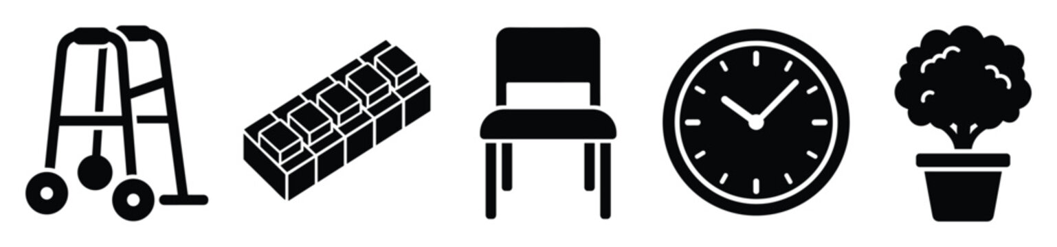 Graphic icons representing essential household items and daily living objects for various applications