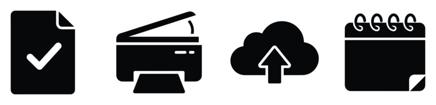 Digital management icons for document approval, office scanning, cloud data transfer, and scheduling