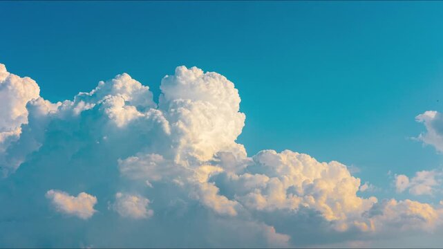Majestic Cumulus Clouds Against Clear Blue Sky with Soft Sunlight