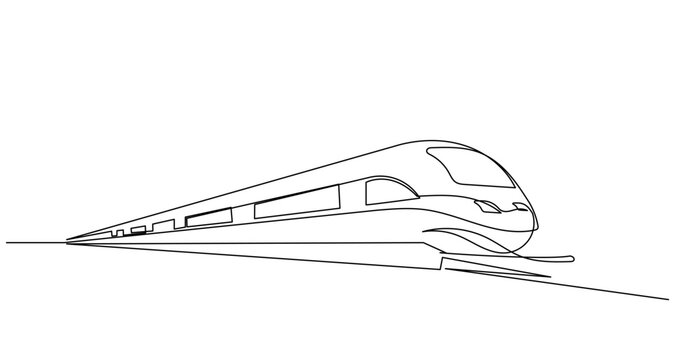 Single continuous line drawing of a futuristic bullet train in motion, smooth aerodynamic shape with minimal lines, modern railway transport concept, clean vector illustration on white background.