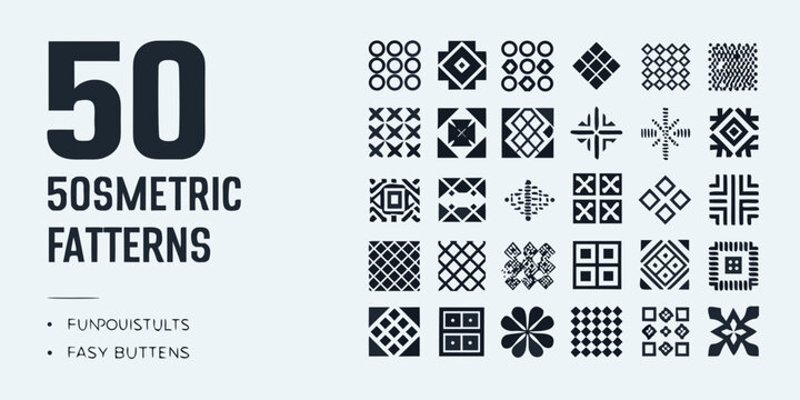 Collection of fifty black isometric geometric patterns on a light gray background high quality professional