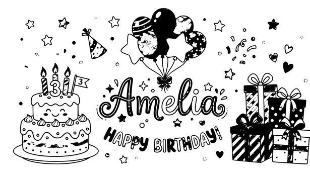 Amelia birthday template vector with modern script lettering cake and balloons isolated on white background