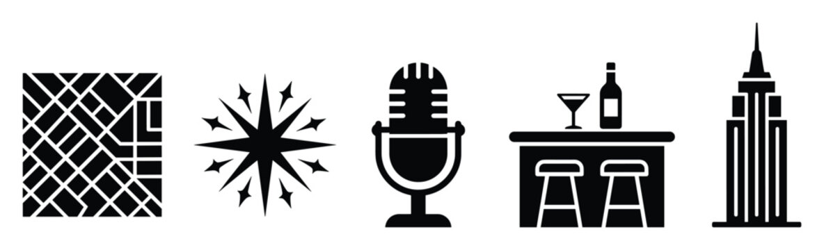 Set of diverse black and white glyph icons representing entertainment and cityscape concepts