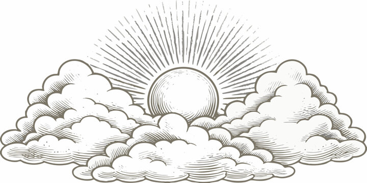 Hand drawn sun bursting through clouds vintage style engraving illustration high quality professional detailed modern