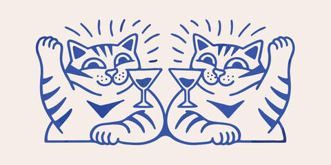 Fototapeta premium Two cats toasting with martini glasses blue line art illustration on a beige background