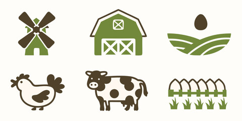 Farm animal and building icons set including windmill barn cow chicken and hay bales © Dibyendu