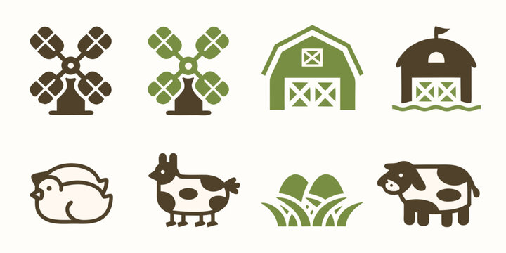 Farm animal and building icons set including windmill barn pig cow and hay high quality