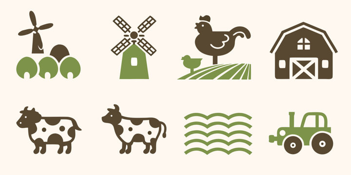 Farm life icons set including windmill barn rooster cow and tractor flat vector illustration