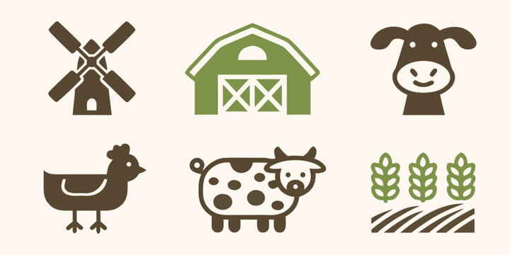 Farm animal and building icons set including windmill barn cow and chicken high quality professional