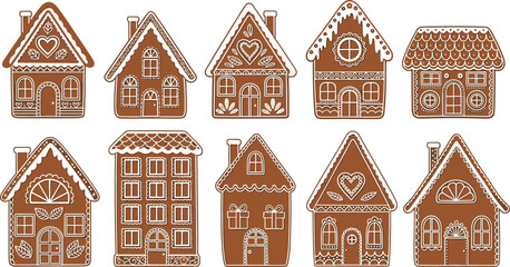 Christmas gingerbread house collection with various shapes and icing decorations for winter holiday greetings, festive celebration invitations, and seasonal bakery branding designs. © Aminul